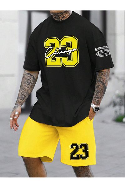 LUNAVISTA Men S Letter Print Short Sleeve T-Shirt and Lace-Up Waist Shorts Set