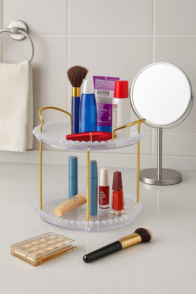 VİALEX BONCUK 2 Katlı Gold Dekorlu Banyo Kozmetik Takı Düzenleyici Çok Amaçlı...