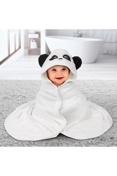 FizioTab Prosop de Baie cu Gluga FizioTab® din Bambus Super Absorbant, 90X100 cm, Model Panda, Alb/Negru