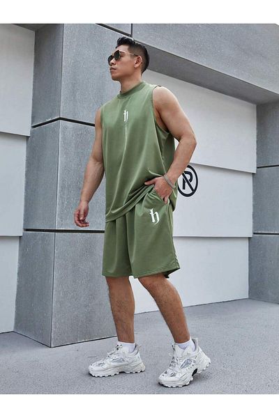 LUNAVISTA Men's plus size letter Printed shorts and tank top set