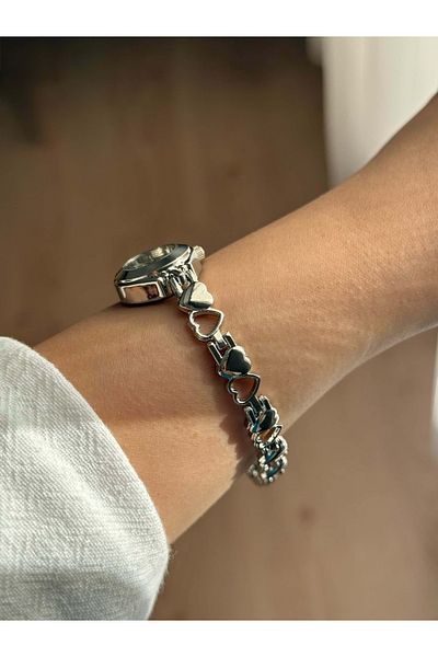 Vola Collection Thin Heart Cord Vintage Steel Silver Minimal Emerald Green Case Women's Wrist Watch with Charms -34