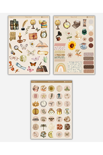 MirayDesign 6’lı Vintage Temalı Sticker Seti – 12x17 cm | Bullet Journal, Scrapbook, Ajanda ve Planlayıcı İçin