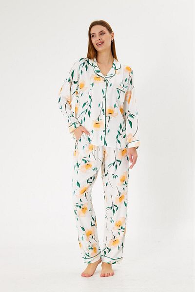seamlife Women's 100% Cotton Woven Ecru Color Floral Green Piping Shirt Collar Buttoned Top with Pockets Pajama Set