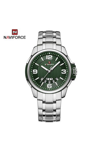 Naviforce Mens Green Dial Stainless Steel Strap Watch Analog Quartz Waterproof with Day and Date Display
