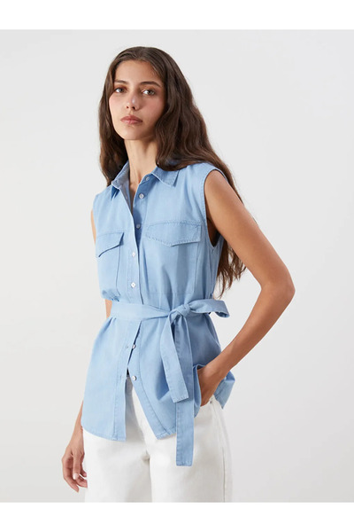 LC Waikiki LCWAIKIKI Classic Indigo Γυναικείο Jean πουκάμισο με ζώνη μέσης