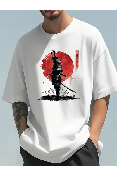 CLASİVA تي شيرت برقبة دائرية كبيرة الحجم مطبوع عليه ساموراي للجنسين