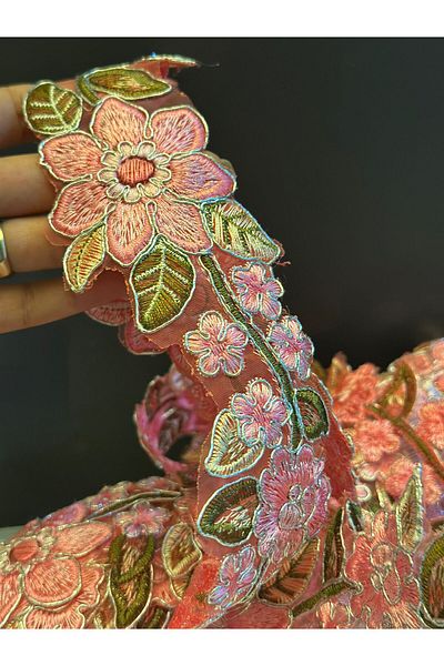 Gönülden Tasarım Width 5 cm Foil Floral Cuttable Ribbon Sewing Applique 1 Meter Pink