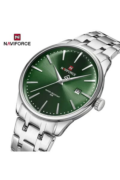 Naviforce Men's Elegant Analog Watch – 42mm Silver Dial, Stainless Steel Strap, Date Display, Water Resistant