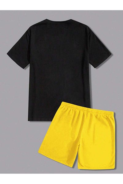LUNAVISTA Men S Letter Print Short Sleeve T-Shirt and Lace-Up Waist Shorts Set