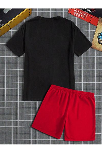 LUNAVISTA Men S Letter Print Short Sleeve T-Shirt and Lace-Up Waist Shorts Set