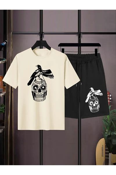 LUNAVISTA New Fashion Summer Skull Printed Short Sleeve Suit Men's Loose Sports Set
