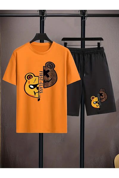 LUNAVISTA Men's Casual Loose Comfortable Round Neck Short Sleeve Cartoon Printed T-Shirt and Shorts Set