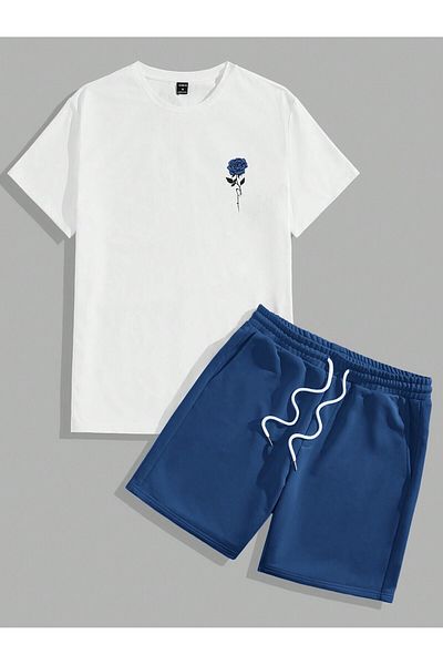 LUNAVISTA 2-Piece Set of Comfortable Floral Print T-Shirt and Lace-Up Waist Shorts
