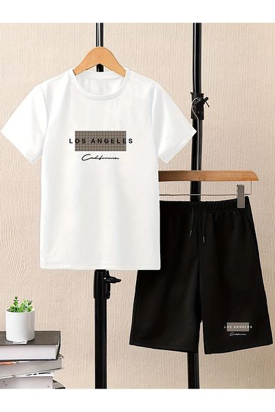 LUNAVISTA Men's 2-Piece Knitted Short Sleeve Letter Printed Shorts Set