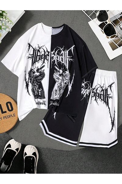 LUNAVISTA Men's 2 piece sport sets teen boys Printed round neck t-shirt and shorts lightweight