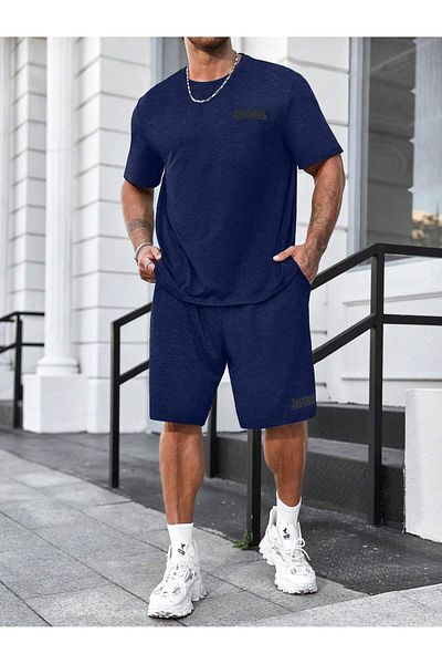 LUNAVISTA Men's Wide Leg Short Sleeve Letter Printed T-Shirt and Shorts Set