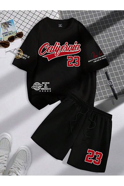 LUNAVISTA Men's Two-Piece Suit with Printed Number Lettering Round Neck T-Shirt and Shorts,