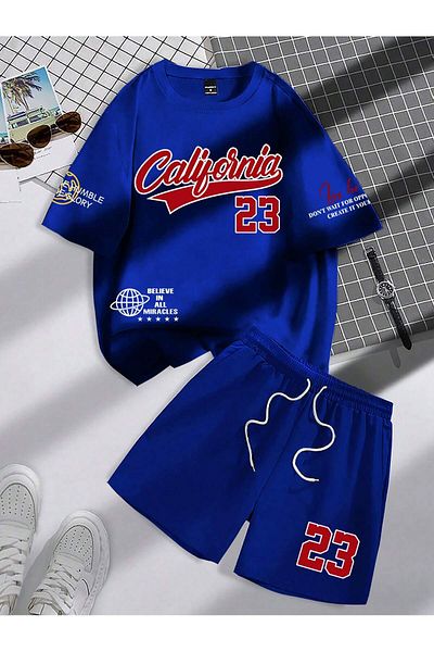 LUNAVISTA Men's Two-Piece Suit with Printed Number Lettering Round Neck T-Shirt and Shorts,