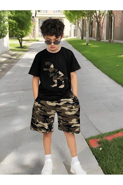 LUNAVISTA Boys Dinosaur Printed Camouflage Lace-Up Waist T-Shirt and Shorts