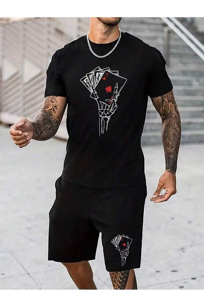 LUNAVISTA Men's Playing Cards Printed T-Shirt and Shorts for Outdoor, Gift for Lover