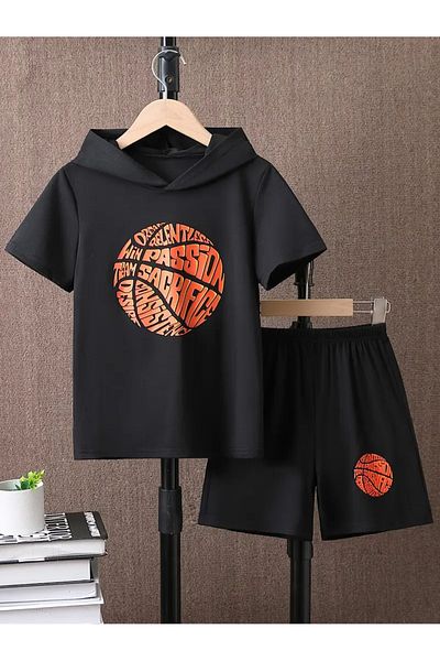 LUNAVISTA Boys 2 Piece Basketball Print Short Sleeve T-Shirt, Shorts and Hoodie Top Set