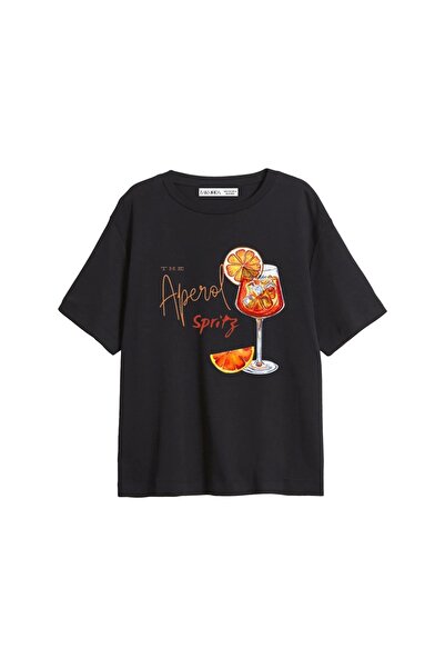CİNEMA MODA Tricou negru pentru femei cu imprimeu Aperol Spritz