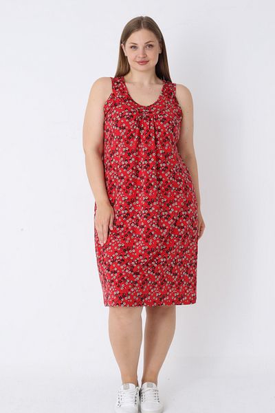 İntensive Women's Red Floral Patterned Pocket Strap Plus Size Cotton Dress