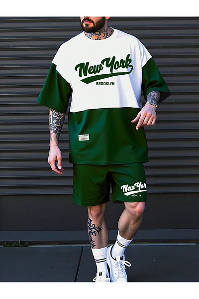 LUNAVISTA Men's 2-piece casual sportswear set, contrast color short sleeve round neck top and shorts
