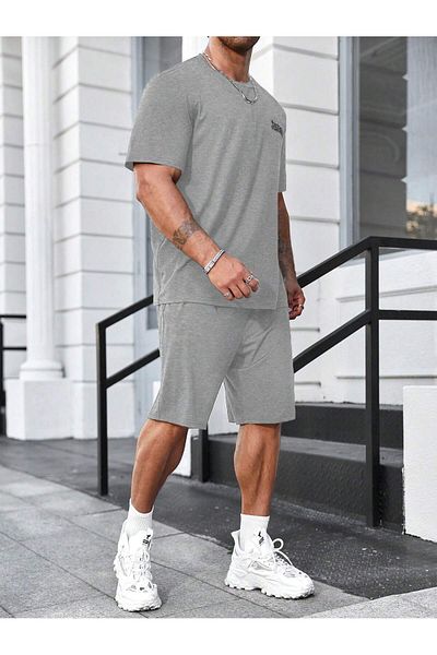 LUNAVISTA Men's Wide Leg Short Sleeve Letter Printed T-Shirt and Shorts Set