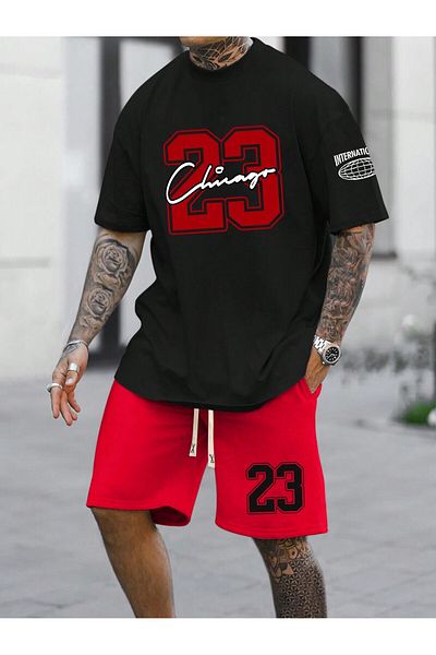 LUNAVISTA Men S Letter Print Short Sleeve T-Shirt and Lace-Up Waist Shorts Set