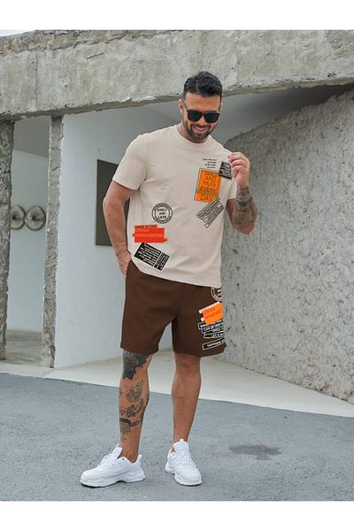 LUNAVISTA Manfinity Men's Plus Tropical Print Off-Shoulder T-Shirt and Lace-Up Waist Shorts
