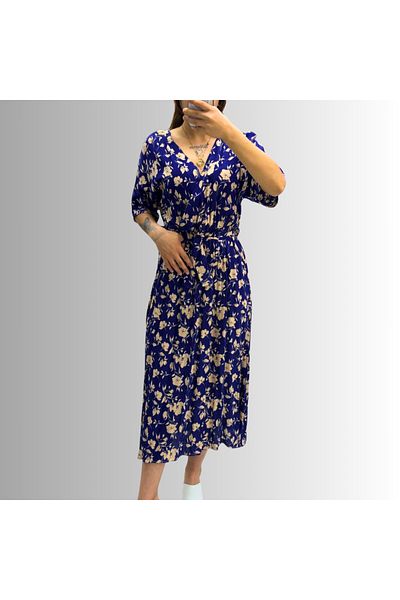 DENİZCE Double Breasted Collar Half Sleeve Midi Length Viscose Fabric Dress with Elastic Waist and Sashes Tie