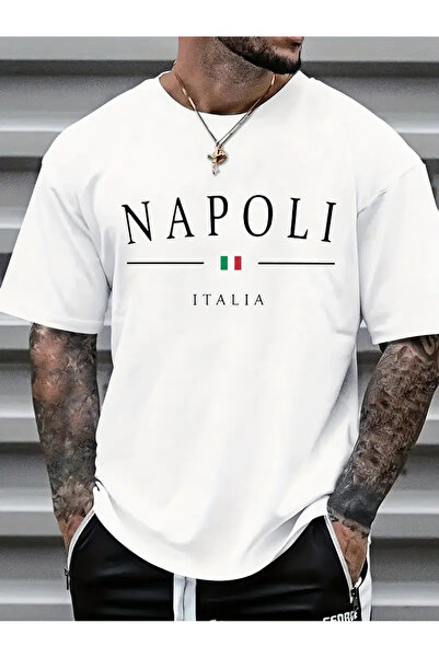 CLASİVA تي شيرت برقبة دائرية كبيرة الحجم مطبوع عليه نابولي للجنسين