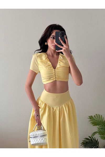 LOCH BUTİK Women's Yellow Buttoned Gathered Skirt Double Suit