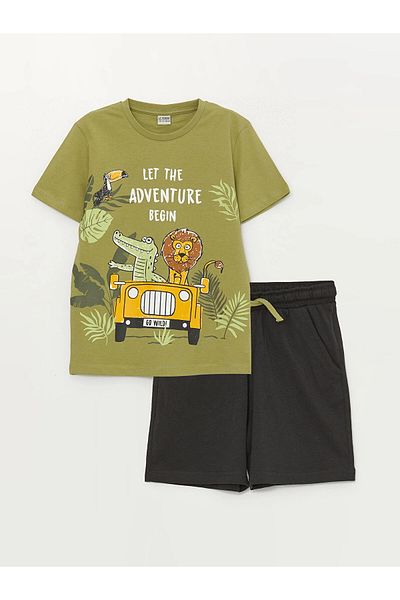 LC Waikiki Lcw Kids Green Crew Neck Printed Short Sleeve T-Shirt and Shorts for Boys