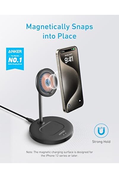 Anker حامل شحن لاسلكي لجهاز iPhone 16، حامل مغناطيسي خفيف الوزن 2 في 1 من PowerWave مع كابل USB-C، لهاتف iPhone 16