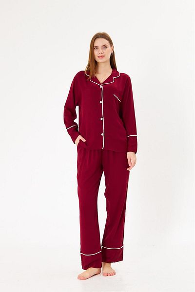 seamlife Women's 100% Cotton Woven Fabric Burgundy Color White Piping Shirt Collar Buttoned Top with Pockets Pajama Set