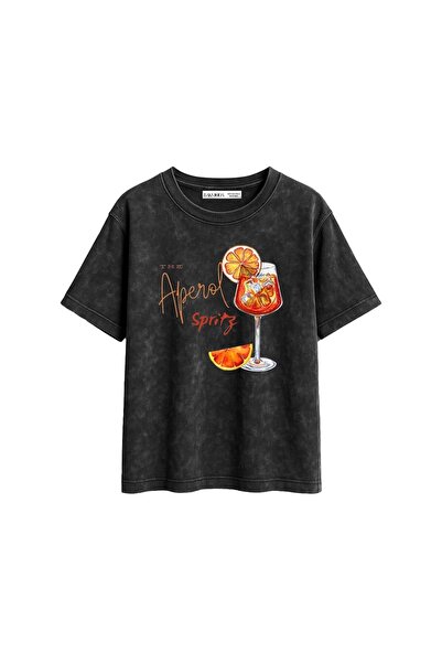 CİNEMA MODA Tricou negru pentru femei, lavabil, cu imprimeu Aperol Spritz