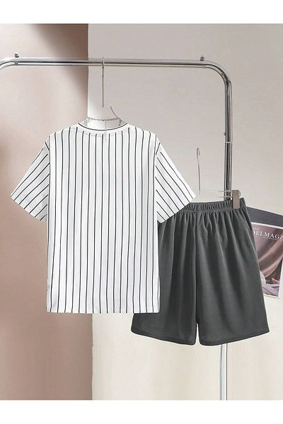 LUNAVISTA Casual Streetwear Clothes Set, Striped Short Sleeve Crew Neck Letter Printed T-Shirt and Shorts