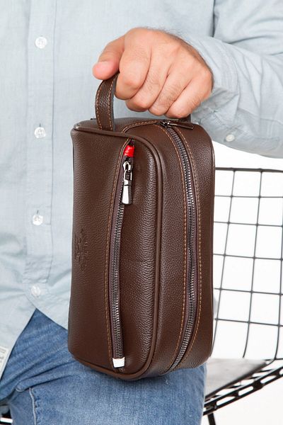 Newish Men's Leather Portfolio Clutch Shaving Cosmetic Care and Daily Handbag (14X24Cm) - Brown