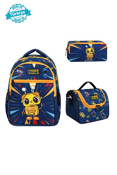 Niss Store Robot Patterned Primary School Backpack, Thermal Lunch Bag and Pen Holder Set of Three