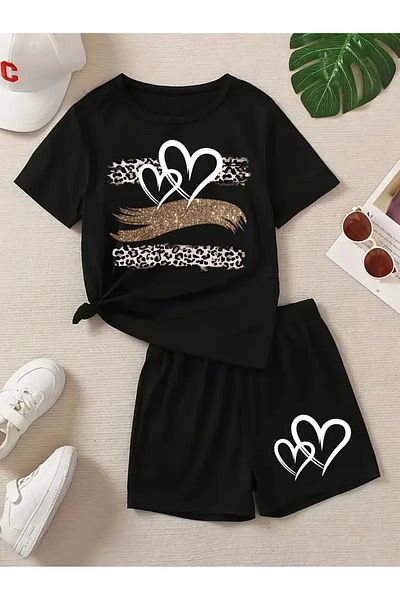 LUNAVISTA Girls 2 Piece Sets Leopard Heart Print Short Sleeve T-Shirt + Shorts