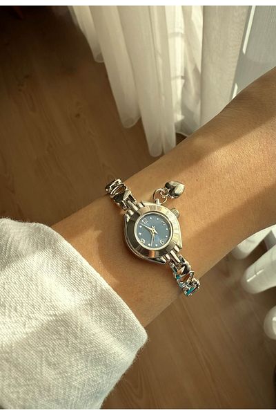 Vola Collection Thin Heart Cord Vintage Steel Silver Minimal Navy Case Women's Wrist Watch with Charms -35