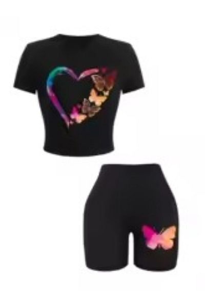 LUNAVISTA Women's 2-Piece Set, Short-Sleeved T-Shirt, Heart Print Tied with Butterflies, Short Top