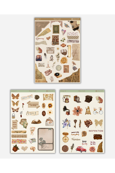 MirayDesign 6’lı Vintage Temalı Sticker Seti – 12x17 cm | Bullet Journal, Scrapbook, Ajanda ve Planlayıcı İçin