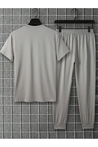 LUNAVISTA Men's Short Sleeve Round Neck Contrast Striped Printed T-Shirt and Casual Pants Set