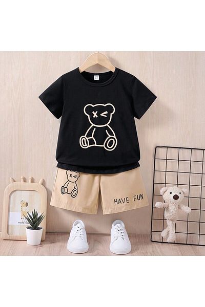 LUNAVISTA 2-Piece Boys Cartoon Bear Printed T-Shirt and Shorts Summer Set