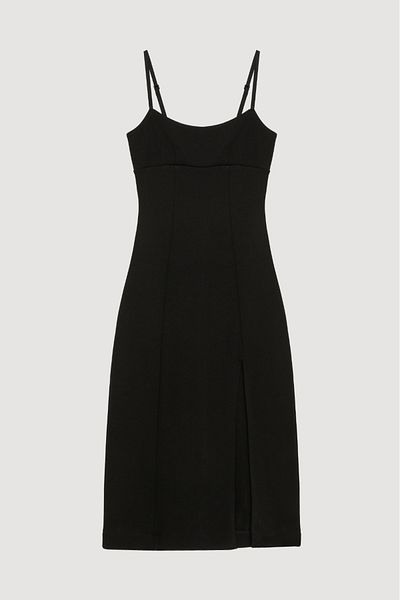 Quzu Straight Neckline Slit Midi Dress Black
