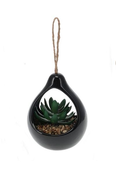 Koopman Planta artificiala Suculenta, Azay Design, in suport ceramic negru, cu agatatoare din sfoara, H 14cm