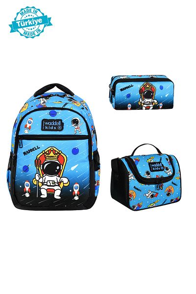 Niss Store Set de trei rucsac pentru școală primară cu model astronaut, cutie termică pentru prânz și suport pentru stilou